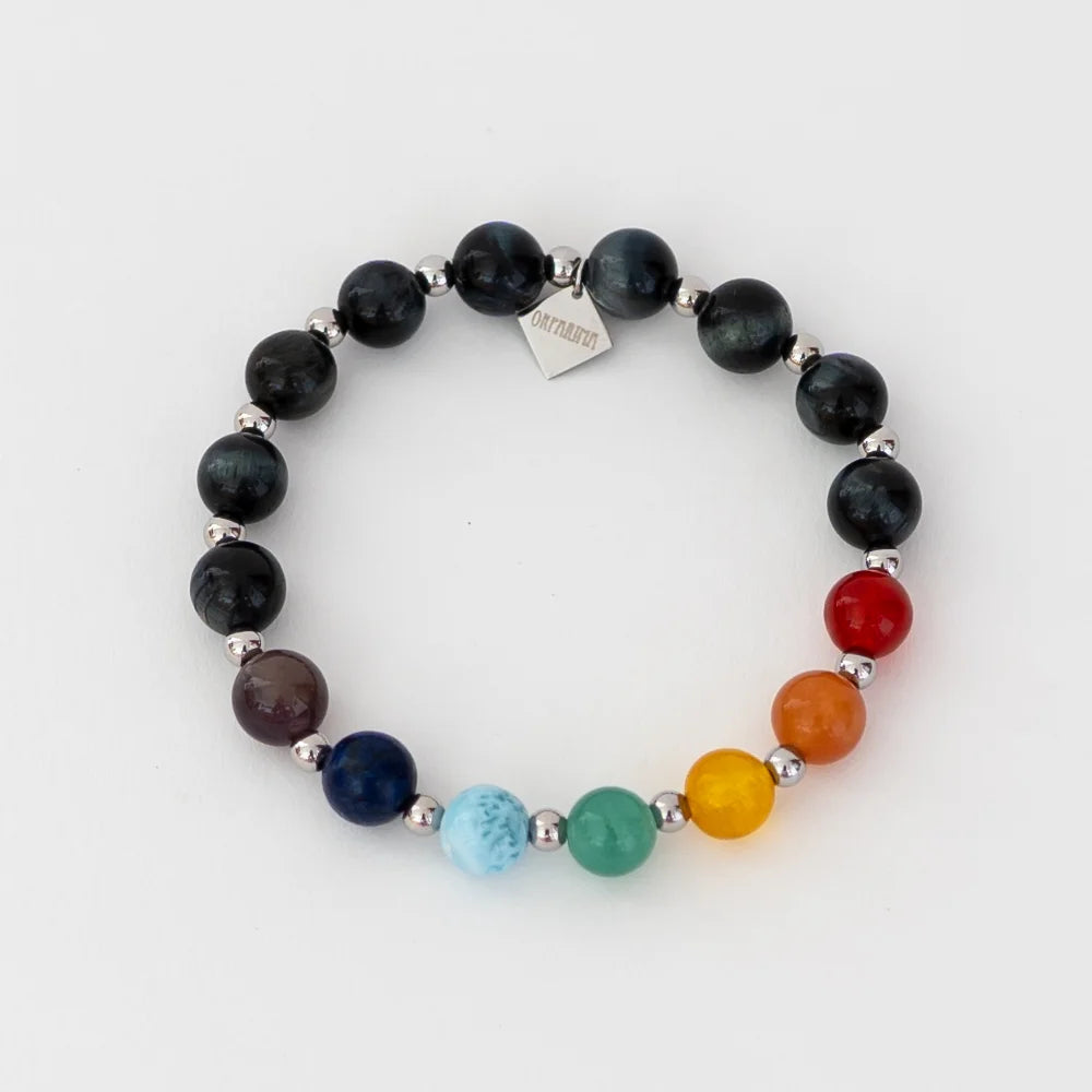 Bracelet en oeil du faucon associé à sept perles différentes représentant les 7 chakras dont une pierre de larimar bleu. Bijou en elastique adaptable à toutes les tailles de poignets.