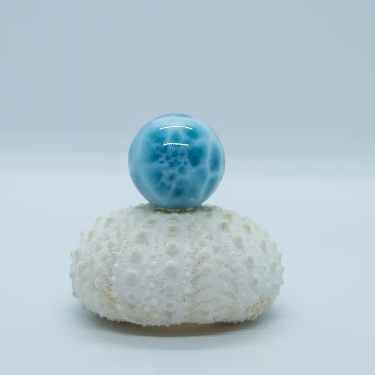 Boule en Larimar de qualité supérieur, de couleur bleue foncée avec des nuances plus claire. Sphère taillée à la main en République Dominicaine, elle est posée sur un coquillage.